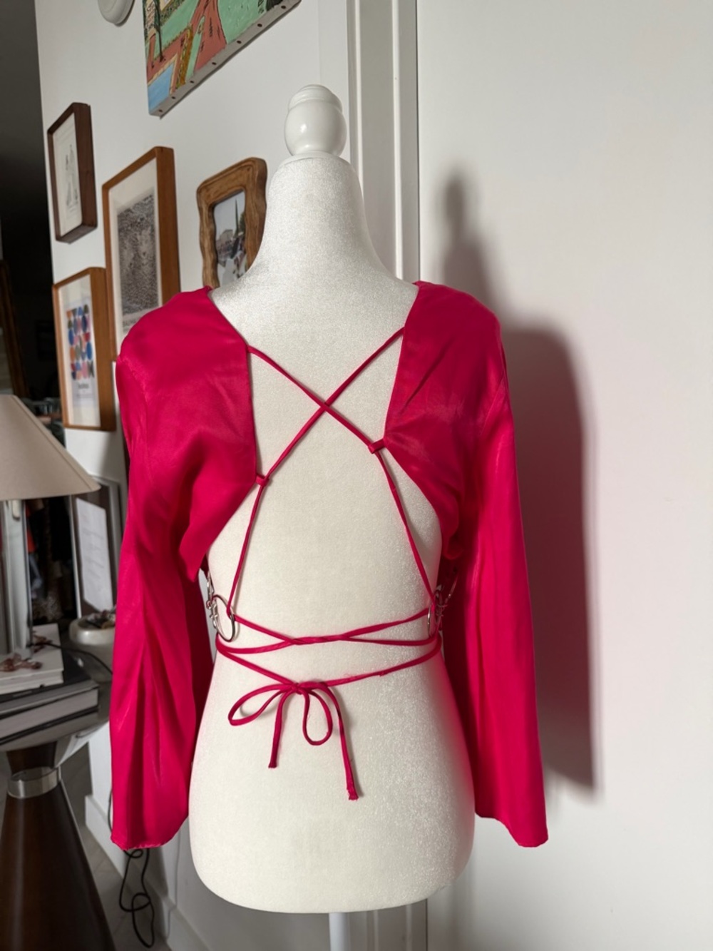 Zara Hot Pink Satin Long Sleeve Backless Crop Top